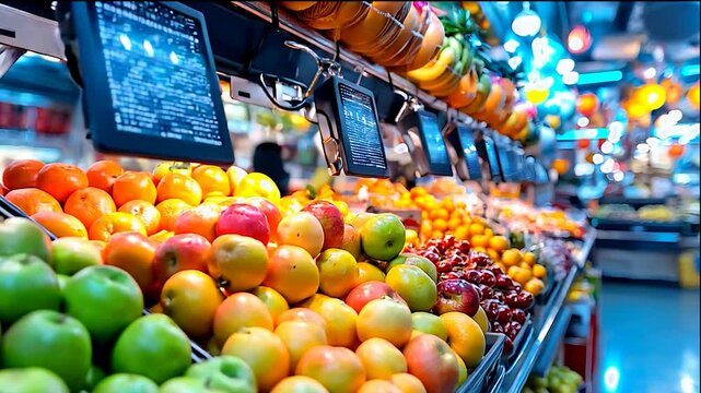 A fruit stand with a variety of fruits including apples, oranges, and cherries. The apples are displayed in a row and the oranges are in a pile. The cherries are also on display
