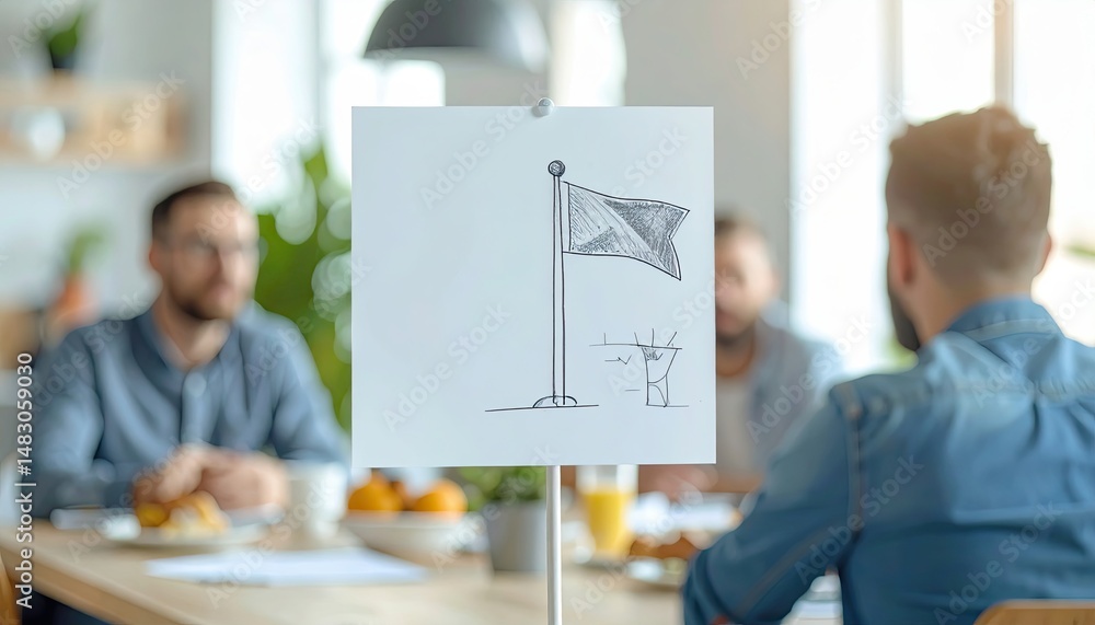 Poster group of business professionals in a modern office setting discussing concepts with a sketch of a fl