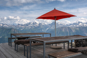 Bar with a panoramic view. Alpine landscape. Switzerland