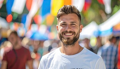 Fototapeta premium Young man with beard smiling at a festive outdoor event, colorful flags and people in the background, capturing joy and community spirit in a vibrant setting