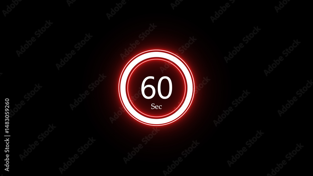 Poster a glowing red neon style countdown timer showing sixty seconds against a dark background for digital