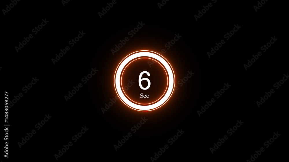 Poster countdown timer animation graphic displaying six seconds remaining featuring a glowing orange neon c