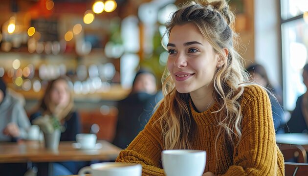 Young woman with long hair sitting in cozy caf&eacute;, enjoying coffee, smiling and looking out with warm atmosphere and blurred friends in background