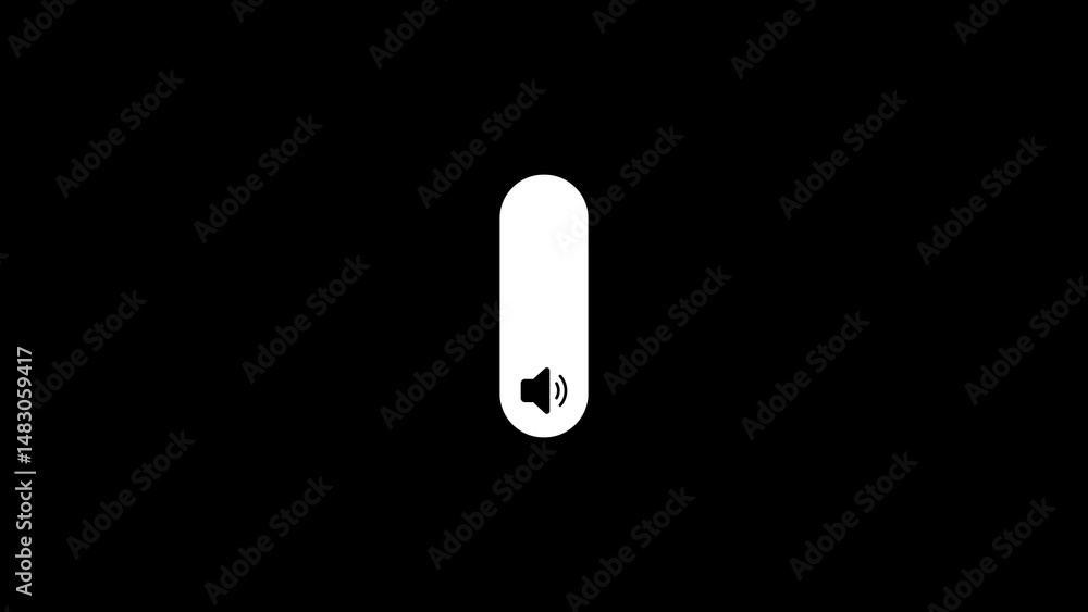 Poster minimalist white volume control slider icon with a speaker symbol against a stark black background, 