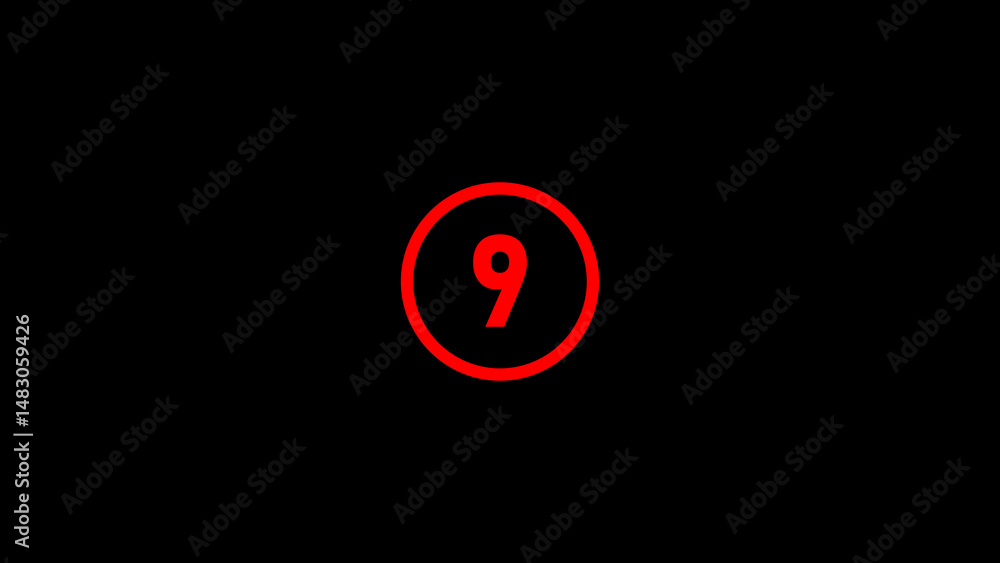 Poster number nine digit inside red circle on black background for countdown design visuals or event signag