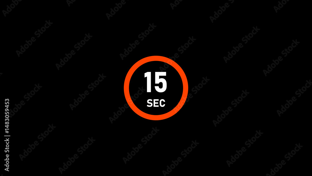 Poster fifteen second countdown graphic with a bold orange circle and white text on a black background perf