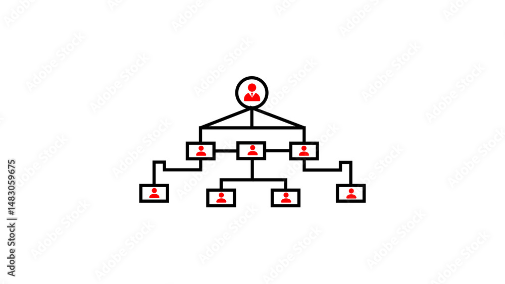 Poster vector illustration of a hierarchical organizational structure with red icons representing people an