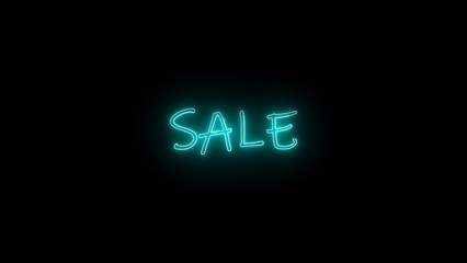 Glowing teal neon sale sign illuminated against a black background for promotional discounts and bargain offers on products