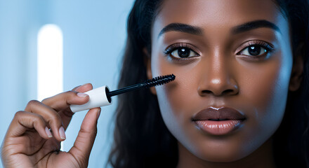 Close Up of Young Woman With Brown Skin Glitter Eyeshadow and Shiny Lips Applying Mascara on Light Blue Background