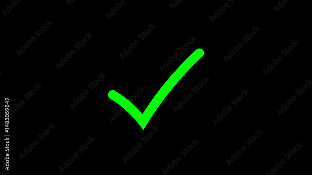 Poster a bright green check mark on a black background representing approval verification or completion in 