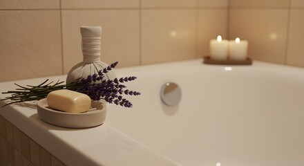 Lavender sachet and soap dish on bathtub edge, tiled spa interior