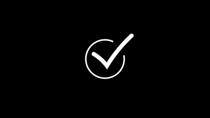 Simple white check mark inside circle against black background signifying approval confirmation completion or agreement on decisions © Maka