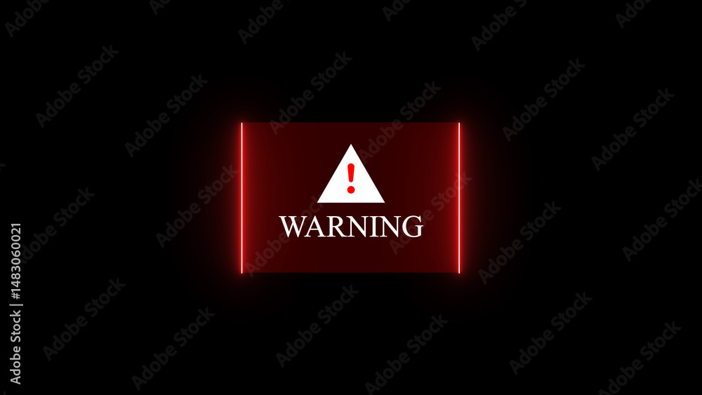 Poster illuminated warning sign with exclamation mark inside a red rectangle against a dark background repr