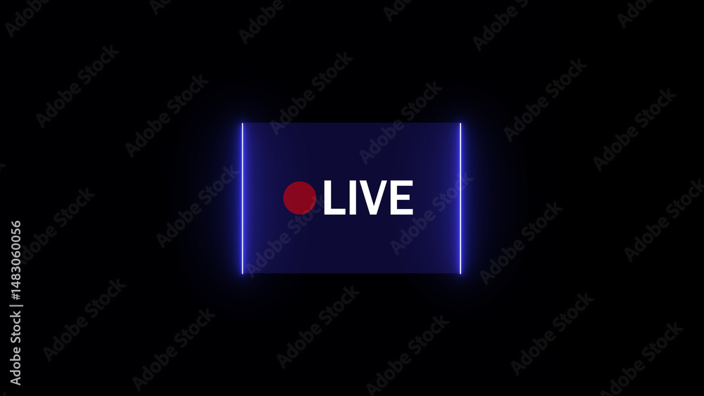 Poster a neon style live broadcast graphic against a solid black backdrop displaying a dynamic illuminated 