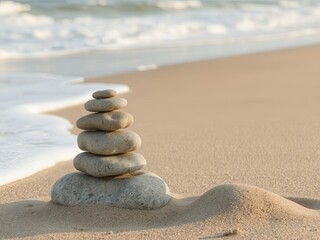 A zen stone stack on a sandy beach with soft waves in the background, Ai Generate.