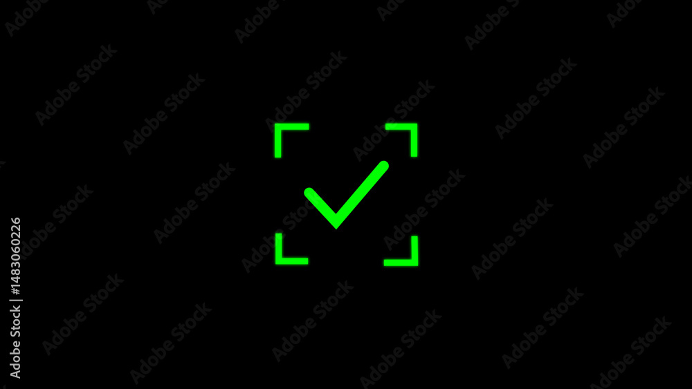 Poster green check mark symbol surrounded by corner brackets on a black background suitable for digital con