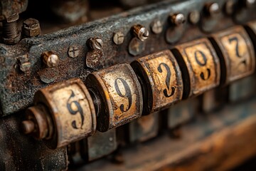 Close-up of aged, rusted mechanical counter