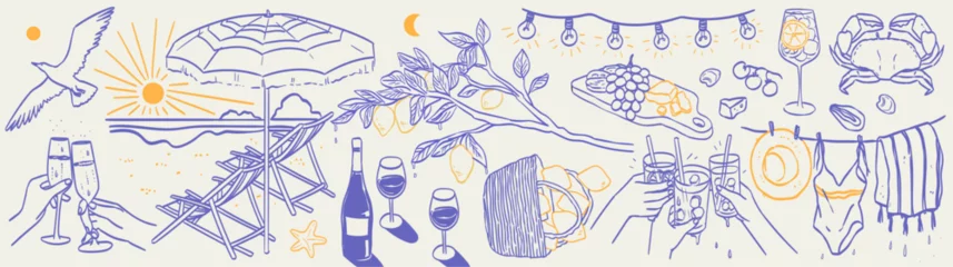 Fototapeten Italian summer vacation doodle style illustrations. Vector ink hand drawn Italy coast sea, lemons, wine and food elements. Sea weekend evening rest prints for invitation card to beach party or picnic. © KPstudio