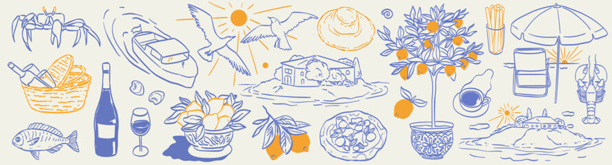 Plakat Italian Amalfi summer vacation doodle style illustrations. Vector ink hand drawn Italy coast sea, lemons, wine and food elements. Sea weekend rest prints for invitation card to beach party or picnic.