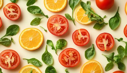 Colorful arrangement of sliced tomatoes, oranges, and fresh leaves.