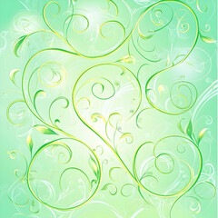 Green floral swirls background design, light pastel spring texture, nature-inspired, ideal for website or invitation