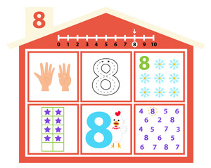 Poster on learning number eight. Count and write number. Numbers 1-10.