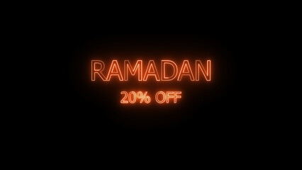 Glowing neon ramadan discount advertisement on black background representing special sales and promotions for the islamic holy month celebration