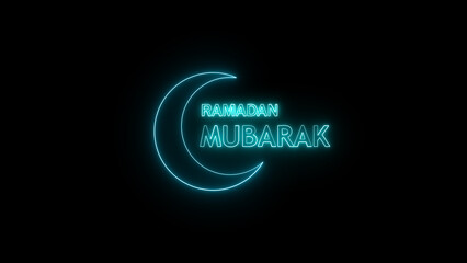 Illuminated neon sign of ramadan mubarak greeting with crescent moon symbol over a black background suitable for festive announcements