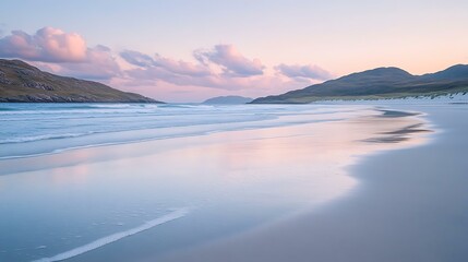 Fototapeta premium Gentle waves lapping onto a smooth sandy beach during soft evening light