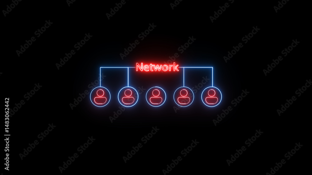 Poster neon graphic illustrating a network connection showing interconnected people icons representing team
