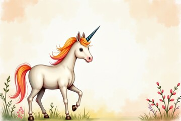 A colorful unicorn with a rainbow mane stands gracefully in a whimsical, floral meadow with a soft pastel background.