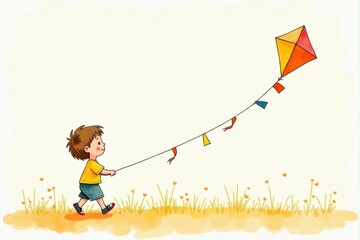 A young boy runs through a grassy field while flying a colorful kite under a clear sky.