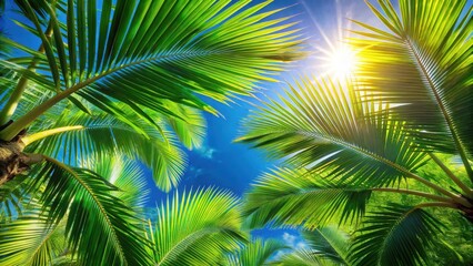 Fototapeta premium Tropical Paradise Vibrant Green Palm Fronds Under a Sunny Sky, A Lush Canopy of Nature's Beauty