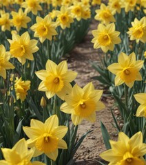 Fototapeta premium Close-up of many daffodil blossoms, sunny yellow petals , detail, flower