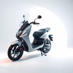 A sleek, silver scooter with black accents, a windscreen, and a kickstand, sits on a white background with a circular spotlight behind it