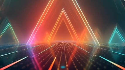 Futuristic glowing neon triangles with digital lights on reflective surface in cyber environment, seamless looping 4k time-lapse animation video background