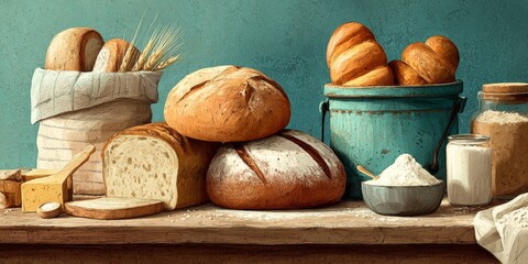 Advertising banner of a bakery baking fresh bread with golden crusts in a warm kitchen, showing skilled bakers working with dough and traditional ovens, highlighting artisanal baking process.