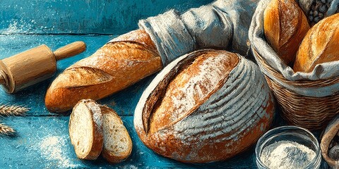 Advertising banner of a bakery baking fresh bread with golden crusts in a warm kitchen, showing skilled bakers working with dough and traditional ovens, highlighting artisanal baking process.