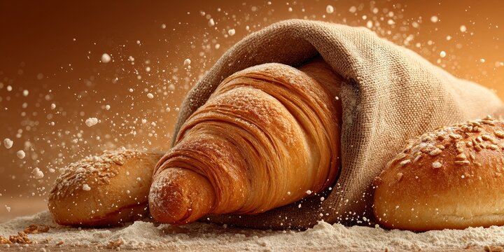 Advertising banner of a bakery baking fresh bread with golden crusts in a warm kitchen, showing skilled bakers working with dough and traditional ovens, highlighting artisanal baking process.