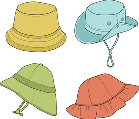 Set of colorful summer hats in vector style. Bucket hat, boonie hat, safari hat, and sun hat. Stylish accessories for sun protection, travel, hiking, and outdoor adventures. Isolated on white.