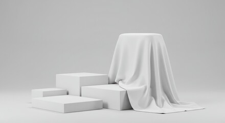A minimalist display featuring a draped white tablecloth over a pedestal and geometric blocks