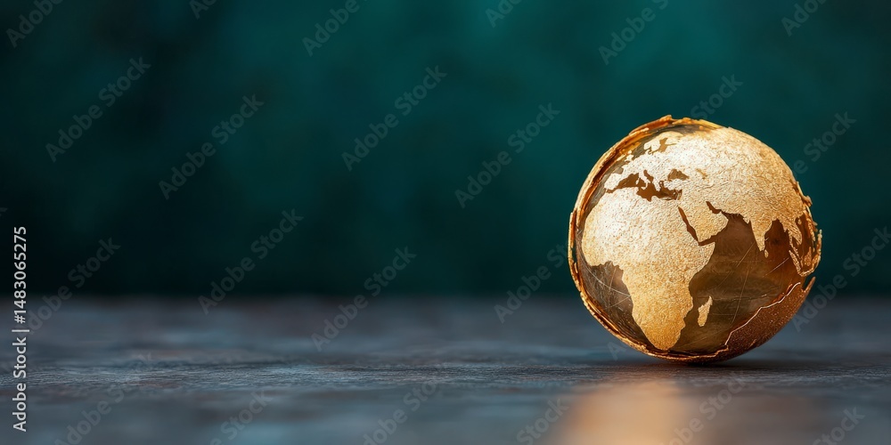 Poster golden globe with detailed world map on dark background with soft lighting creating a warm atmospher