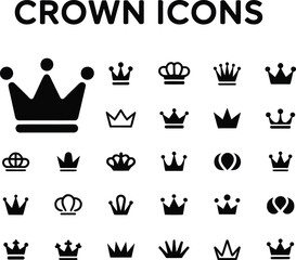  Collection of various crown icons in black and white showing different styles and shapes royalty symbols