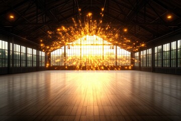 Sunlight bursts through the window of a rustic warehouse, illuminating the wooden floor