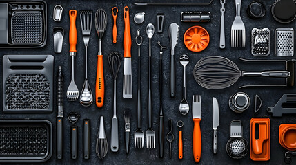 Fototapeta premium Flatlay of modern kitchen utensils on dark surface. Background shows textured countertop. Ideal for cooking blogs and websites