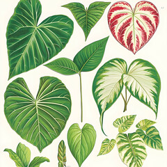 Botanical illustration diverse tropical leaves, heart-shaped foliage, vibrant colors, white background. Ideal for home decor, botanical prints