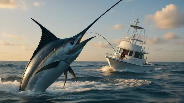 Majestic Marlin Leaps from Ocean Near Sport Fishing Boat at Sunset