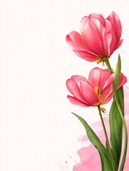 Fototapeta premium Pink blank letterhead with bow and tulips on right, pastel watercolor style on white background, perfect for elegant invitations or stationery design.