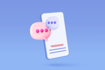 3D minimal speech bubble with notification new message on mobile phone. online social conversation comment concept, chat emoji message on social media. 3d speech icon render vector illustration