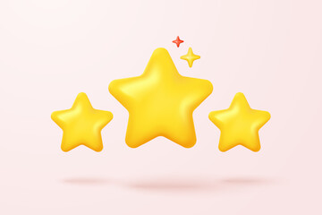 3d yellow stars glossy color icon for game on pink background. Customer rating feedback from client about employee of UI website concept. 3d star quality icon vector with shadow render illustration